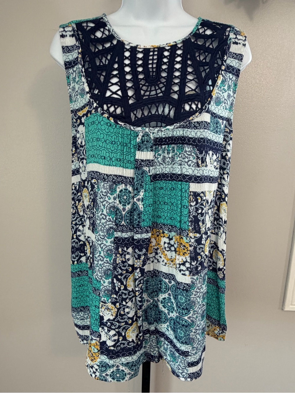 Wrangler Crochet Yoke Patchwork Tank Top - Teal, Navy & White